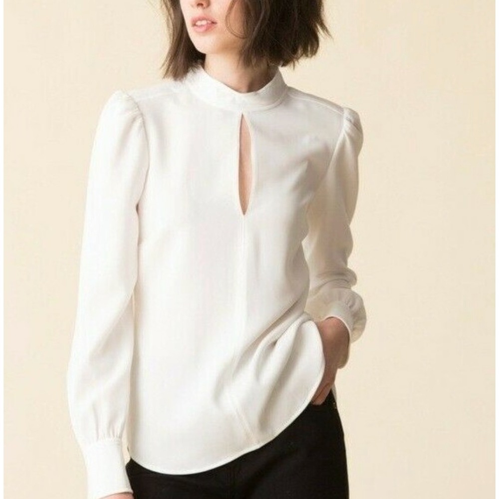 A.L.C. Marina High Neck‎ Keyhole Blouse 2 White Puff Sleeve Designer Top